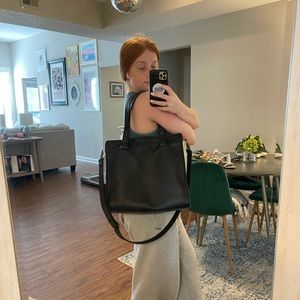 ABLE Black Leather Zippered Tote with Snakeskin side panels